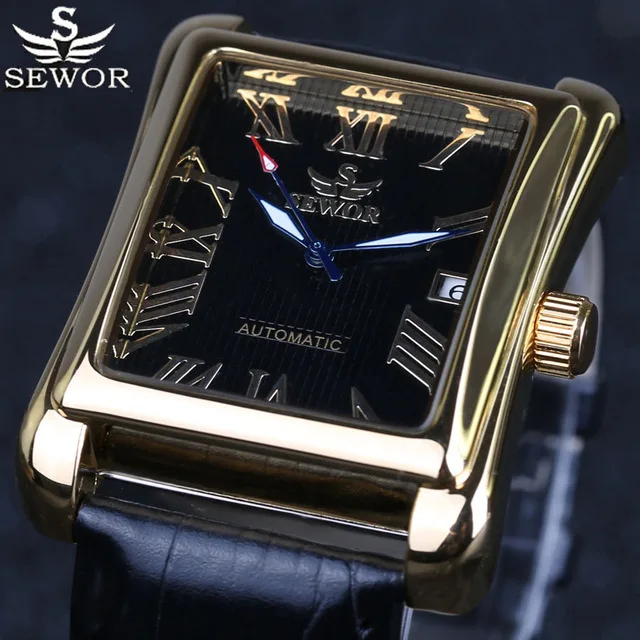 New SEWOR 741  Rectangular Men Watches Automatic Mechanical Watch Roman Display Antique Clock