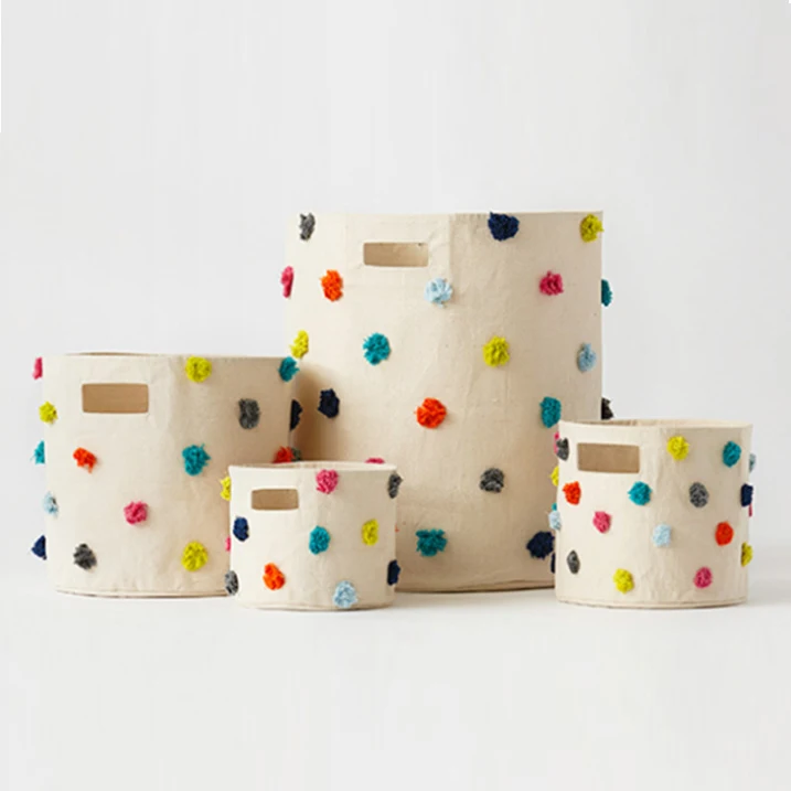 ICEBLUE HD Pom Pom Cotton Canvas Storage Bin Basket Hamper