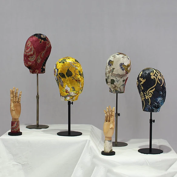 high quality fabric covered wrapped wig fiberglass head mannequin head fashion with adjustable stand for hat scarf display