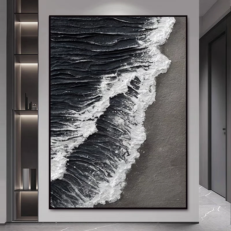 Black And White abstract 3D Geometric Modern Minimalist Canvas Painting Wall Art sand oil on canvas thick texture sea wave
