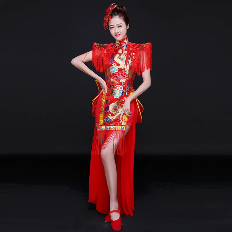 Red/blue Chinese Style New Modern Dance Stage Fashion Drummer Suit Female Cheongsam Fan Dance Costume