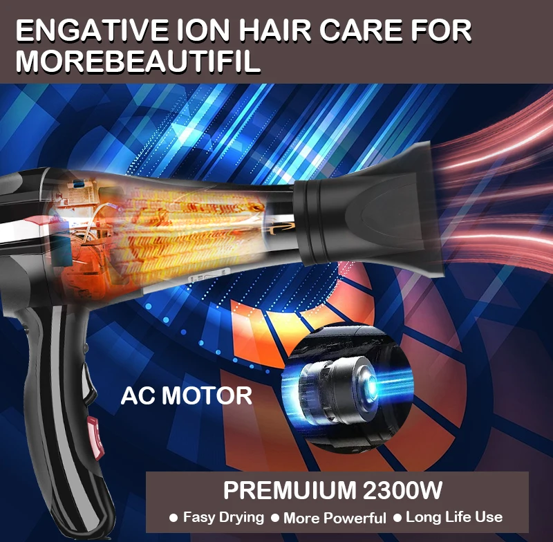 Professional Negative Ionic Lightweight Hair Blow Dryer 3 Heat Settings With AC Motor For Salon