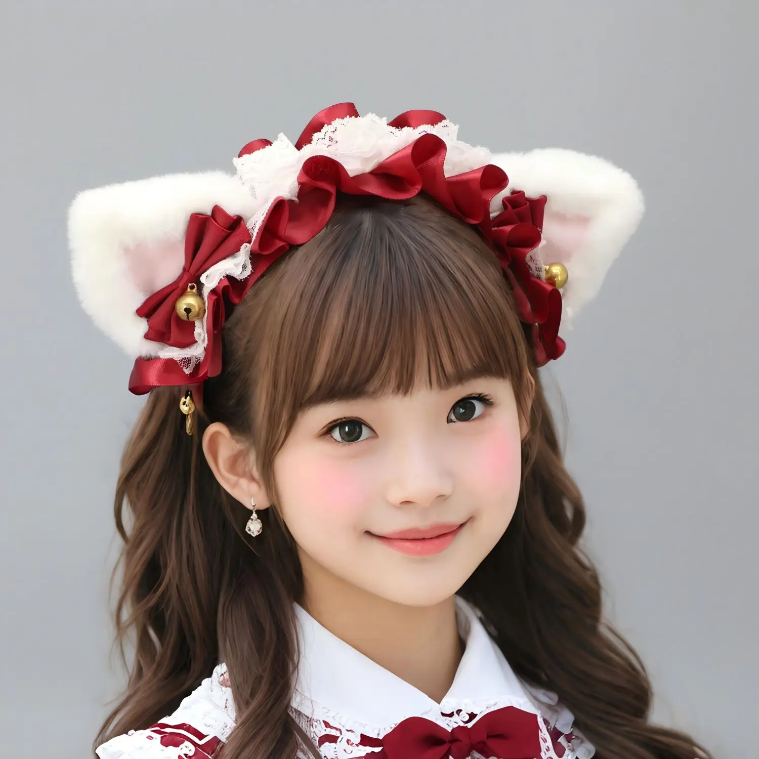 Fluffy Cat Ears Headband Cute Lolita Lace Headband wiht Bow Bell For Cosplay Costume Anime Gathring