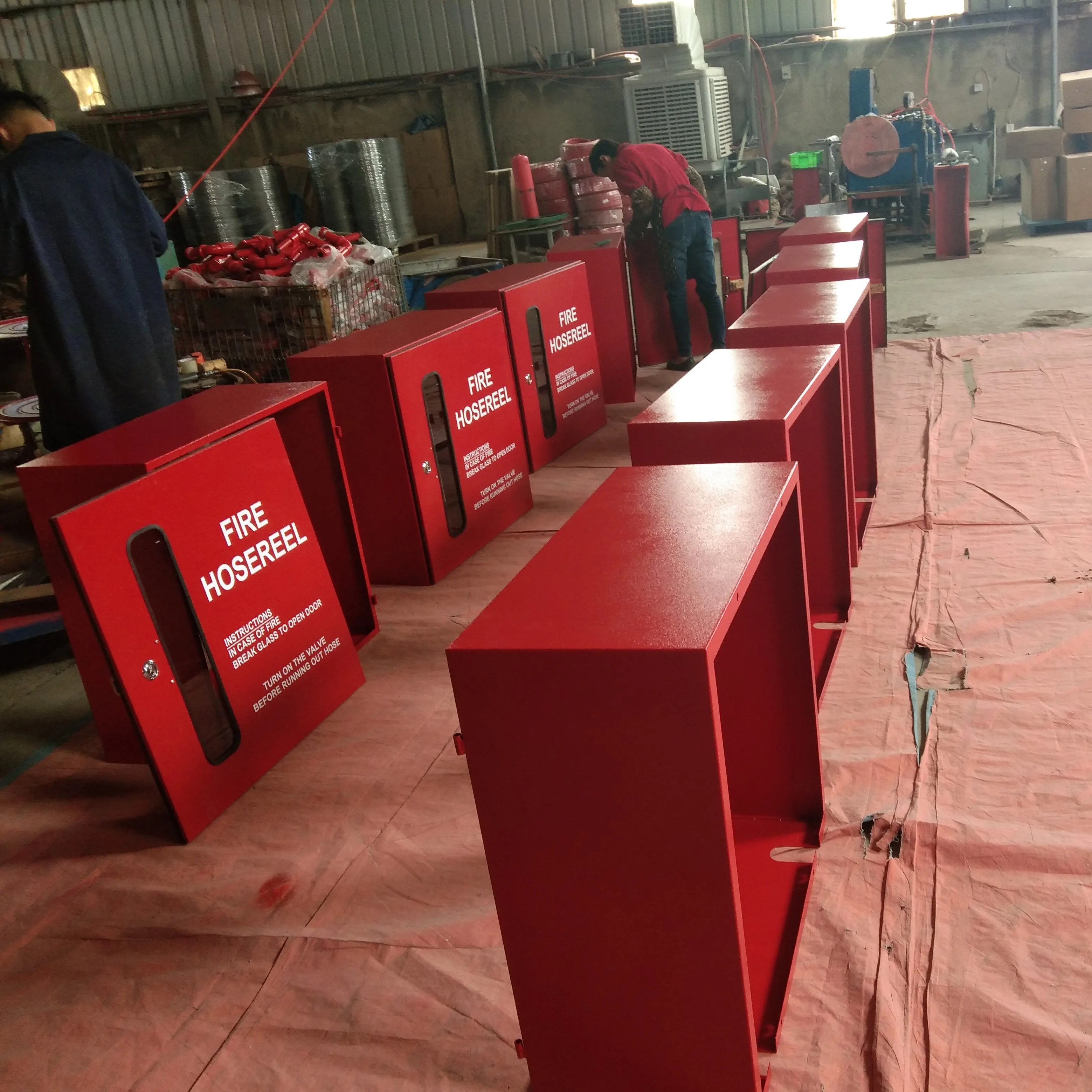 High quality red double door stand type fire hose reel cabinet, outdoor fire extinguisher box