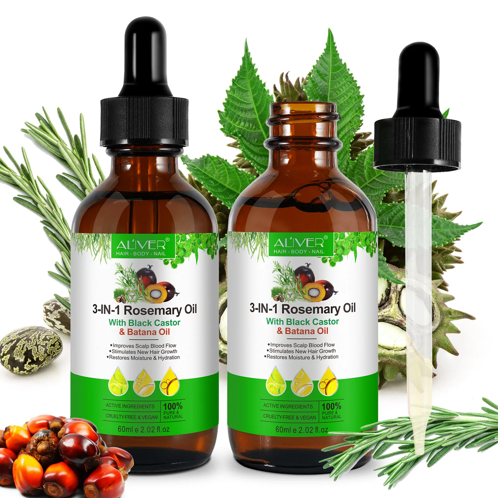 ALIVER stimulates scalp natural herbal miracle skin anti aging 3in1 rosemary black castor batana essential oil hair growth oil