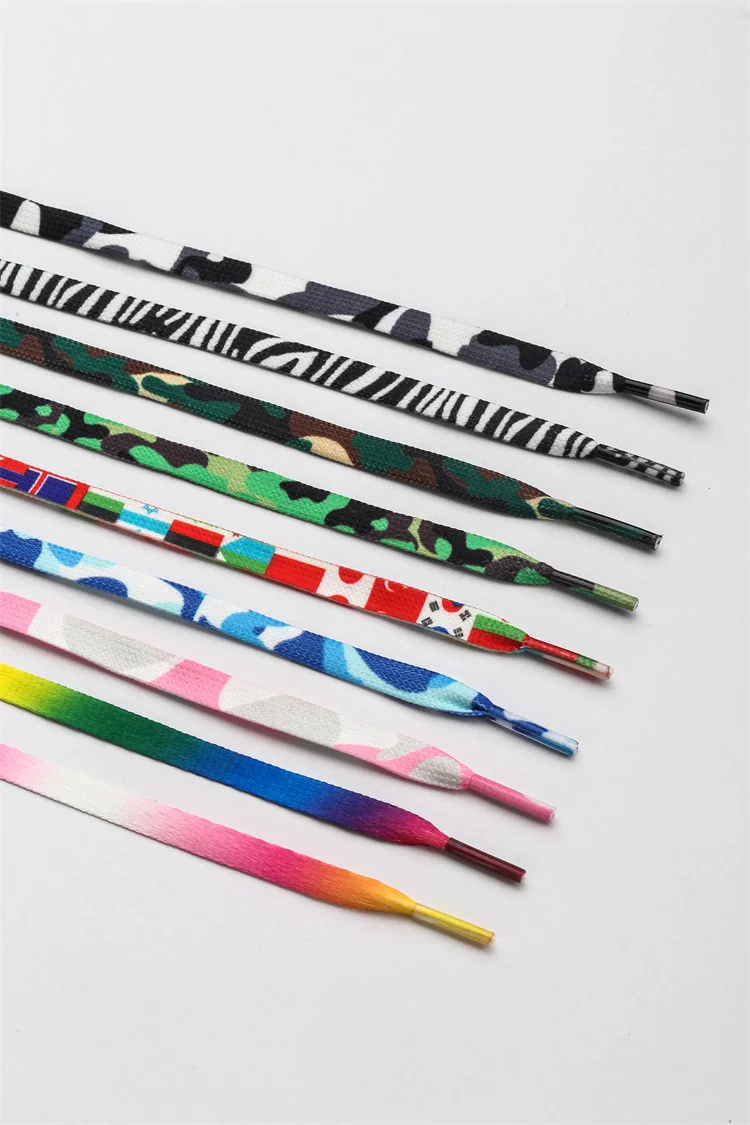 Hot sale Flat weave double thickness wear resi elastic camouflage print rainbow shoe laces