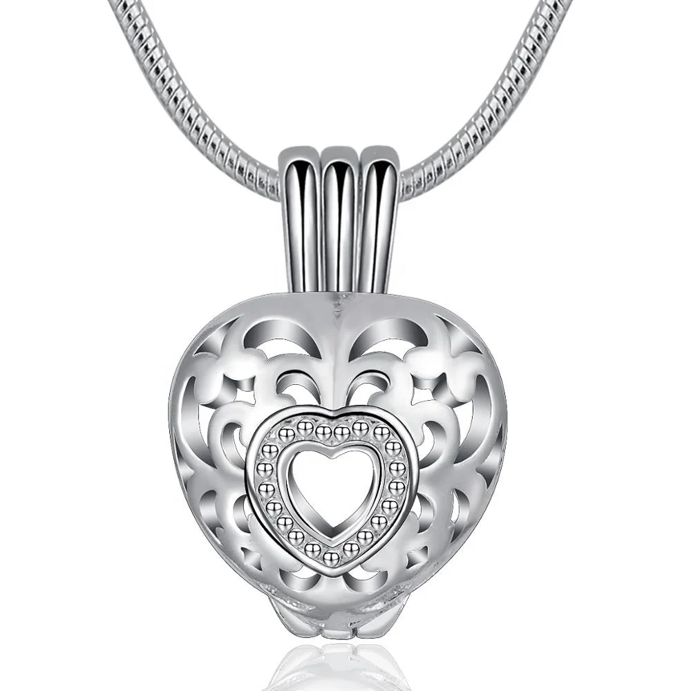 925 sterling silver heart oyster pearl beads holder cages locket pendant necklace
