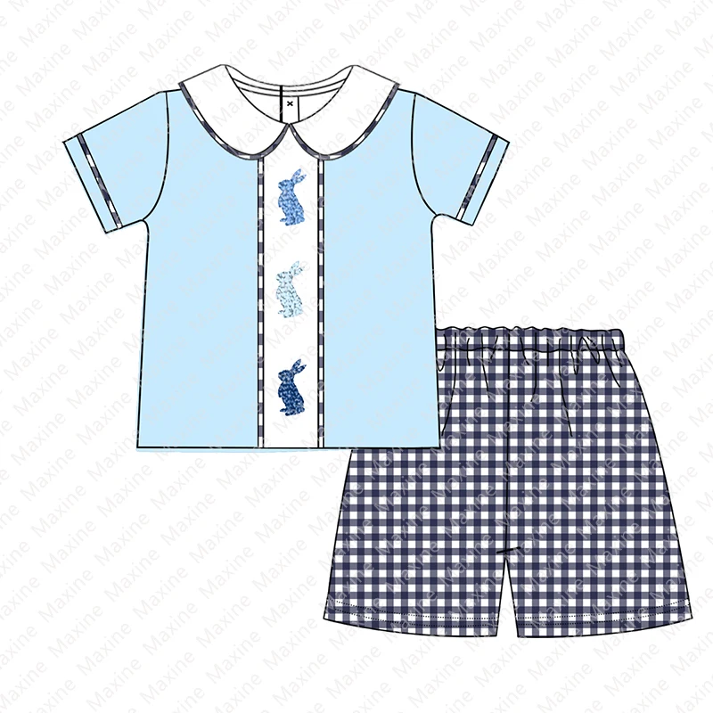 New Arrival Easter Boy Clothes Set Short Sleeve Children Clothing Set Custom Easter French Knot Embroidery Smocked Clothing Kids