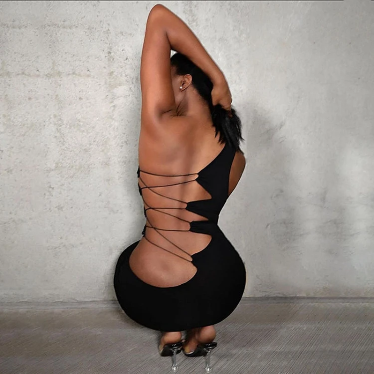 ladies fashion sleeveless bodycon sexy dresses open back one arm lace-up low cut black mini club women dress
