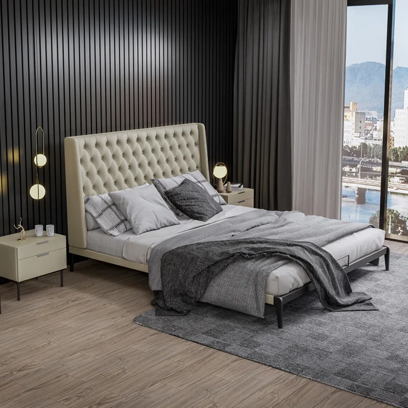 Brand-new customized product genuine leather Italian style minimalist model room imported first-layer cowhide bed