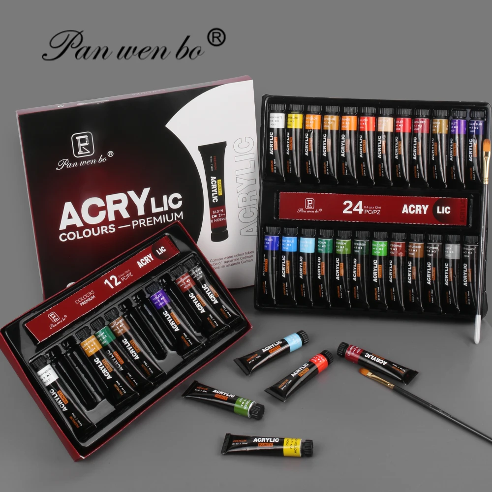 Panwenbo 12ml 24 Colors Acrylic Colour Tube Non Toxic Kids Artists Acrylic Paint Set For Canvas Wood Fabric Ceramic