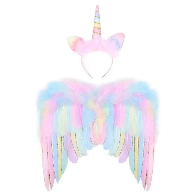Unicorn Fancy Dress Pink Angel Feather Wing with Unicorn Headband Princess Wings for Kids Girls Halloween Christmas Party