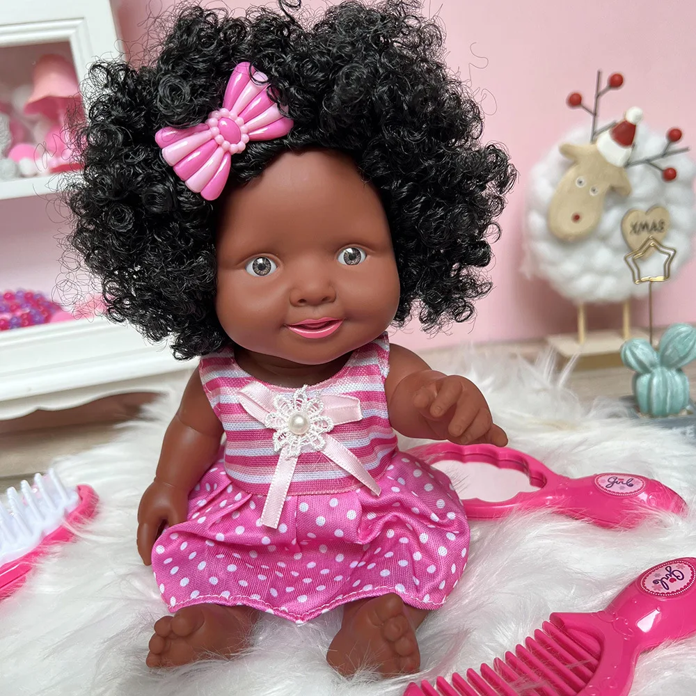 Wholesale factory 25CM vinyl silicone black baby dolls African american black girl doll with clothes