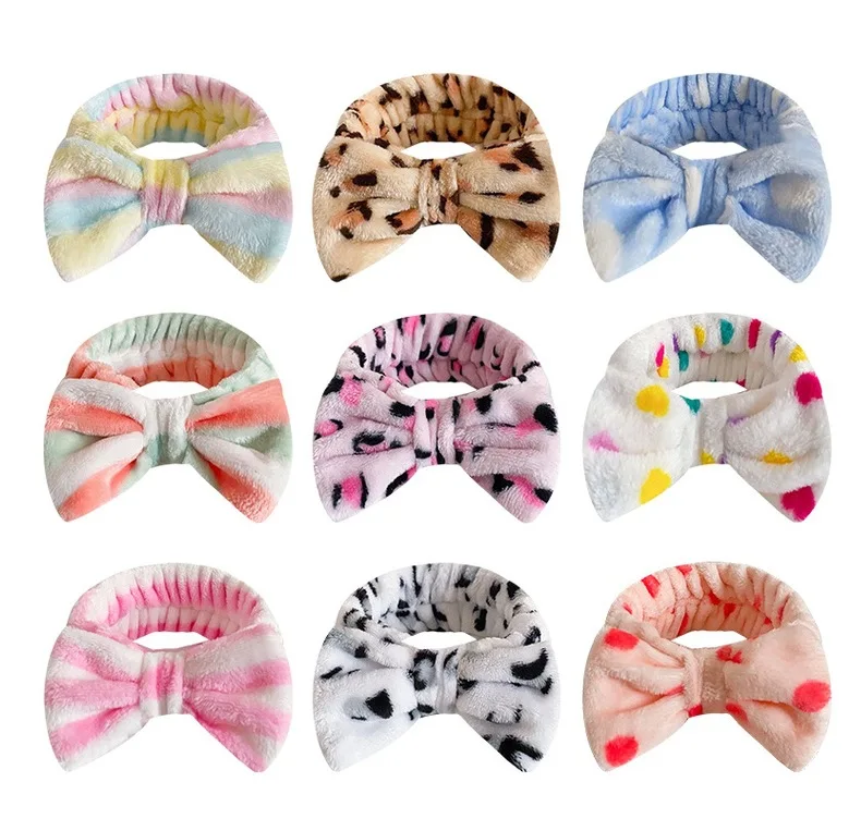 Europe USA Butterfly End HairBand Leopard Polka Dot Striped Headband Ladies Wash Face Makeup Plush Hair Band Accessories