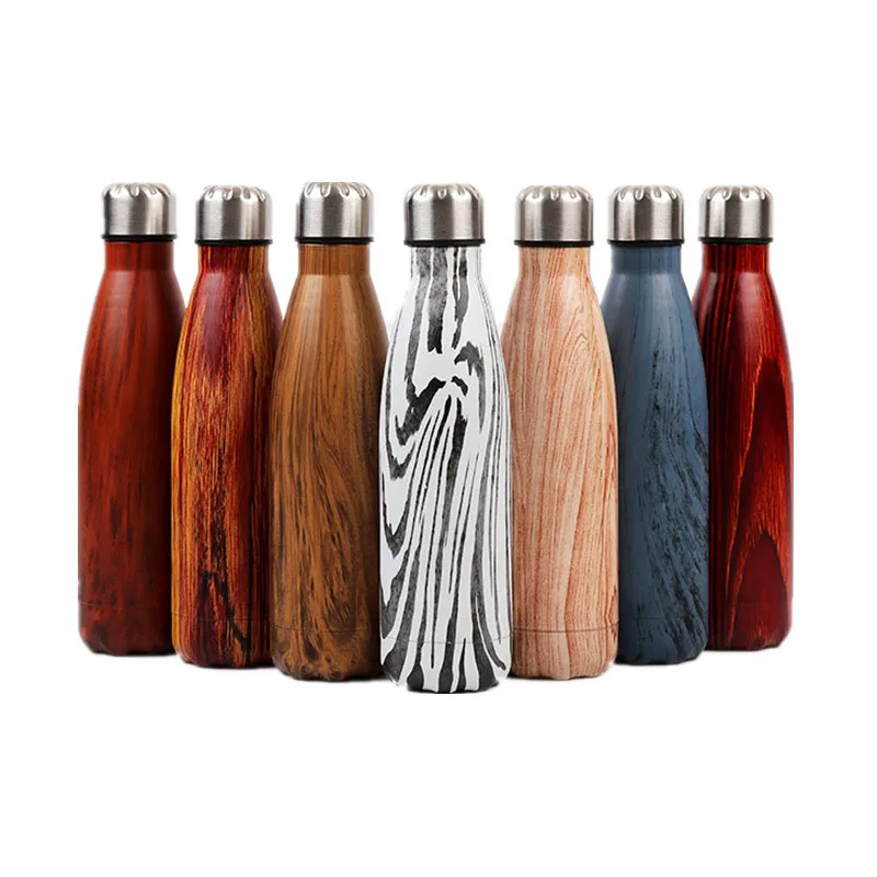 Cola Shaped 17oz 500ml Stainless Steel Sports Water Bottle Wood Double Wall Vacuum Insulated Water Bottle