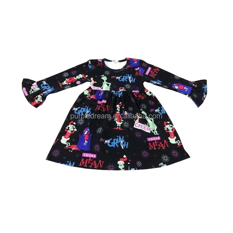 Коллекция 2021 года, осенняя одежда для девочек с длинным Расклешенным рукавом и принтом, рождественские платья с героями мультфильмов