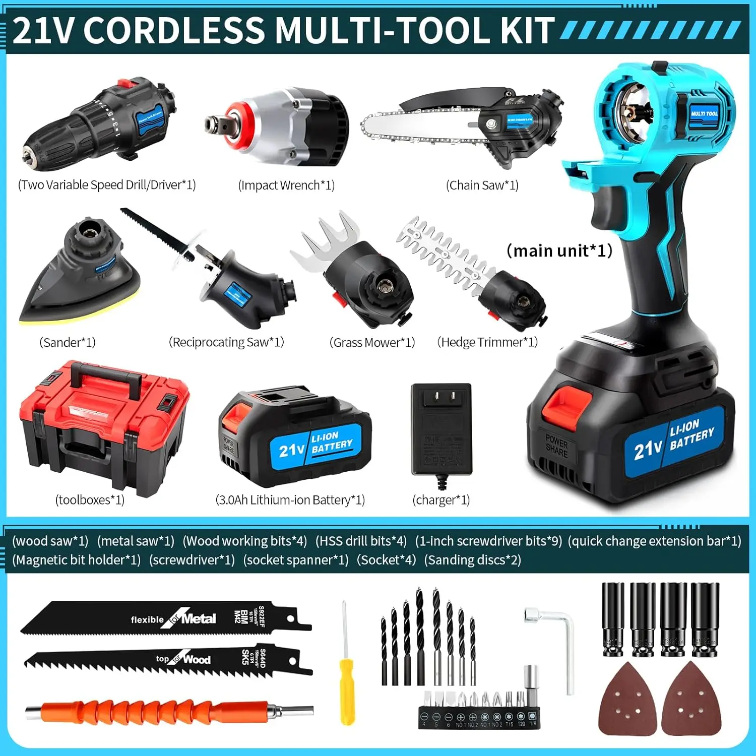 All In One Multi Function 18PCs Power Tools Combo Kit Cordless 21V Battery Tool Sets