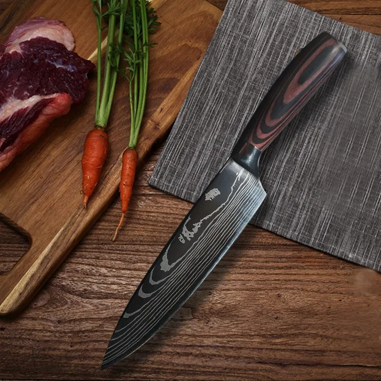High-quality Stainless Steel Damascus Grain Color Wood Handle Kitchen Knife Set