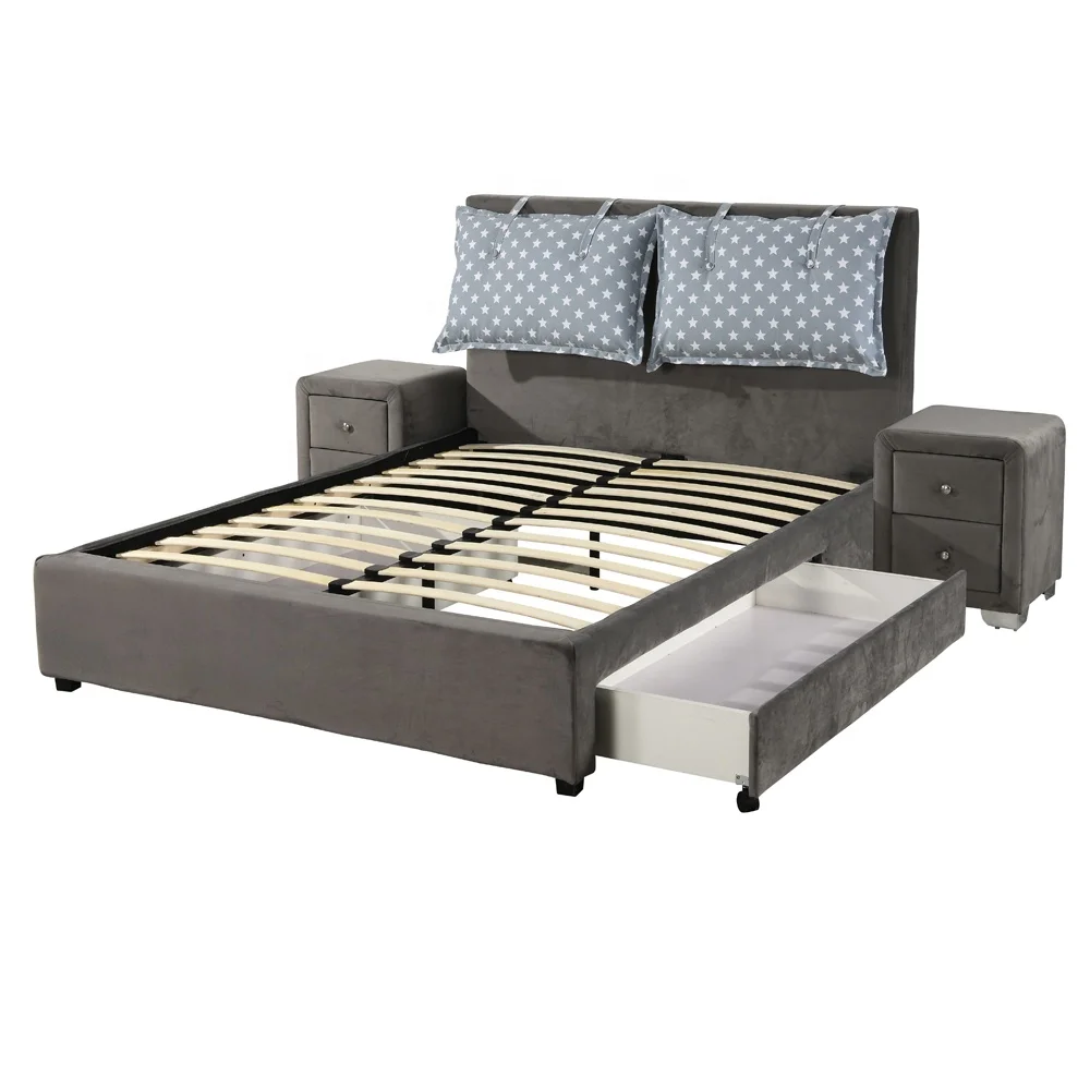 Heavy duty support no spring box required upholstered Full California King double sizes ottoman bed frame with nightstand