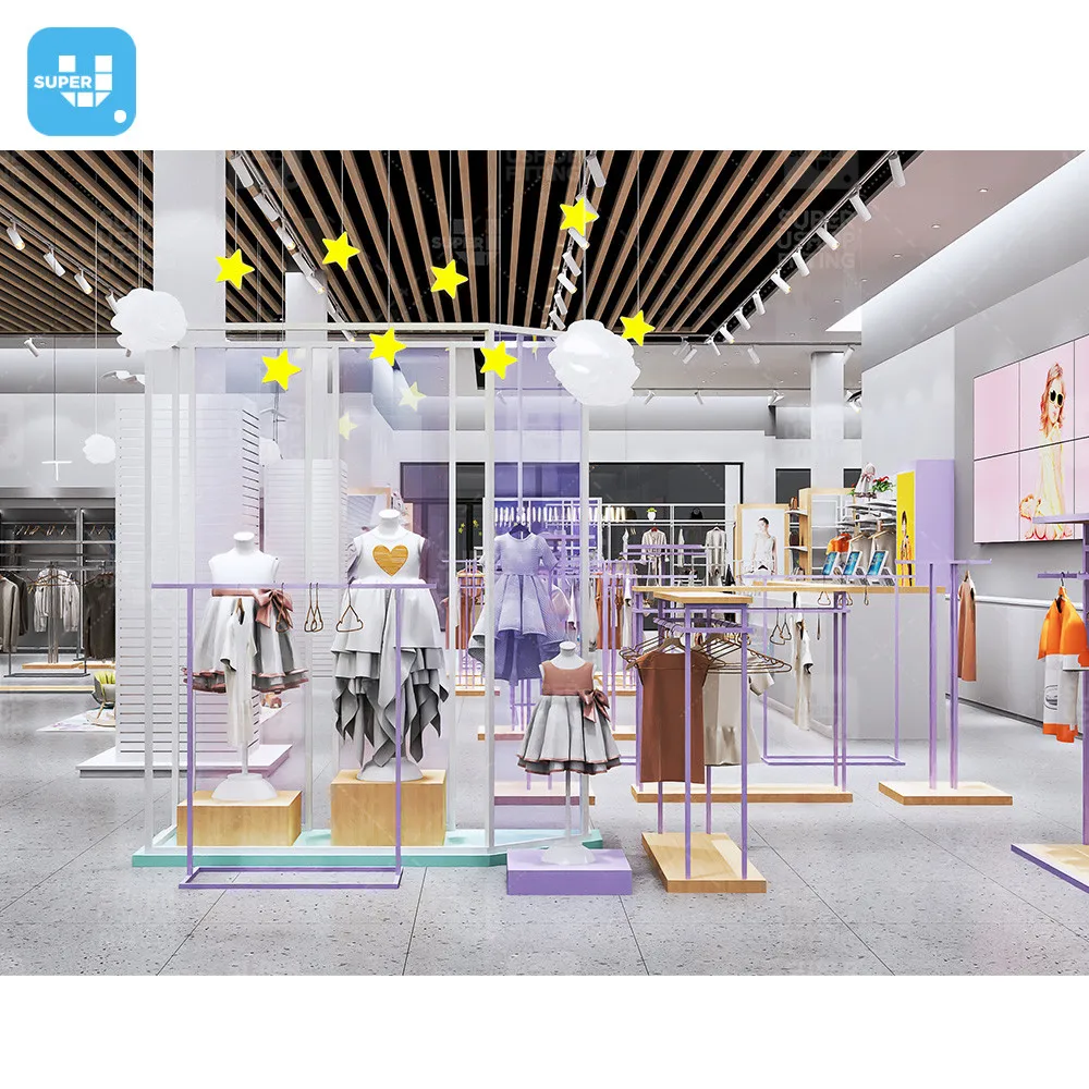 Trendy Custom Metal Kids Clothing Store Fixtures Furniture Cute Wooden Baby Shop Clothes Display Rack for Infant Interior Design