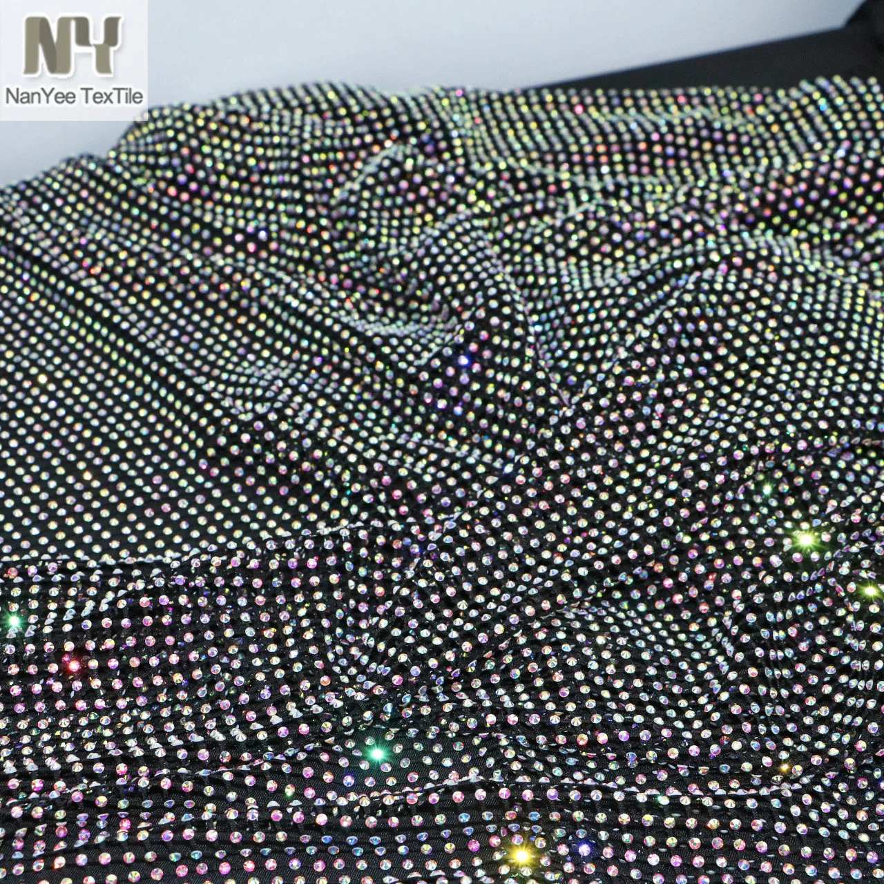 Nanyee Textile Luxury AB Colorful Stretch Foiled Rhinestone Mesh Fabric