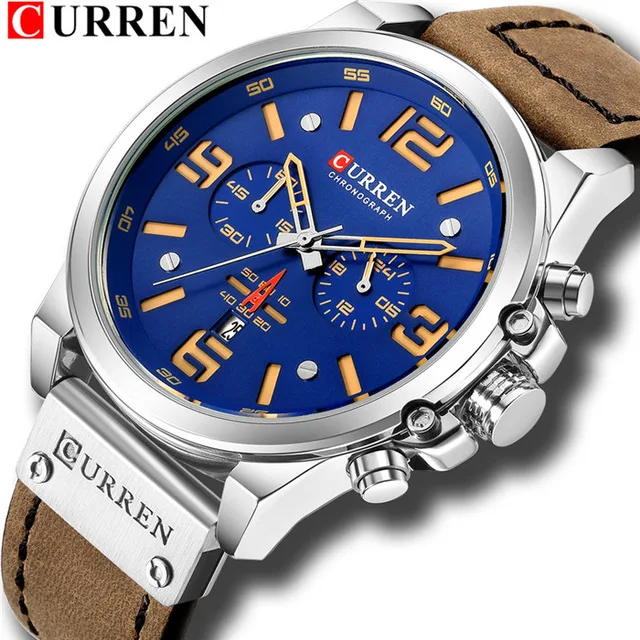 Роскошные спортивные мужские кварцевые часы Curren 8314 функциональные водонепроницаемые стильные фирменные наручные с кожаным