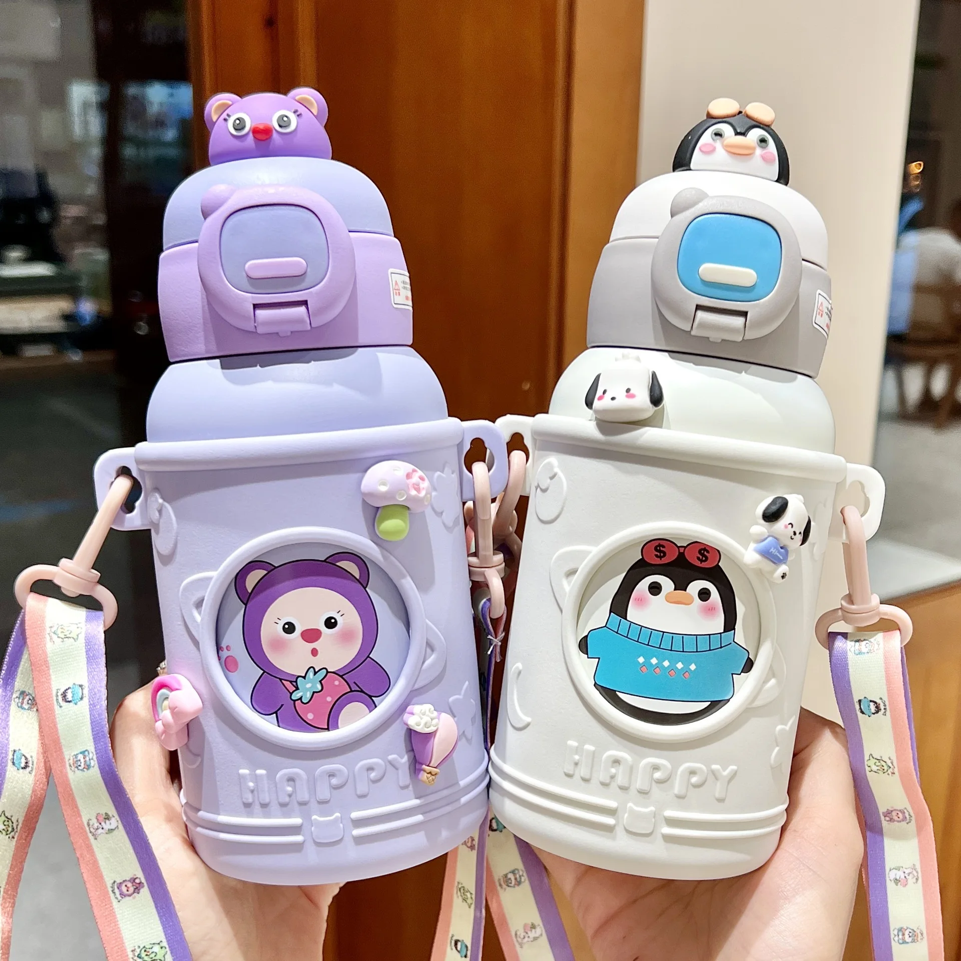 Seaygift kawaii 3D resin stickers children stainless steel water bottle shoulder strap baby girls boys thermos cup with straw
