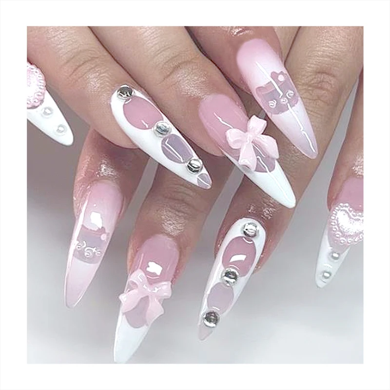 Stiletto Long Almond FingerNails Nude Nails Tips Around Milk Color Stick Jewel Handmade Bow 3D Pattern Artificial Press On Nails