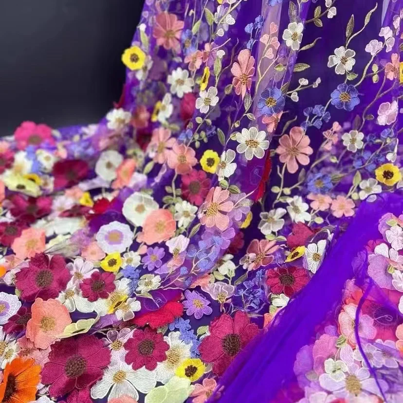Custom Design Multi-colors Bridal Embroidery Tulle Wedding Dress Net Applique Mesh Floral 3D Flower Lace Fabric