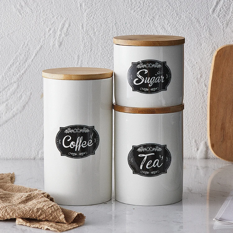 Custom Logo Kitchen Ceramic Canisters Food Storage Jar for Tea Coffee Sugar with Bamboo Lid