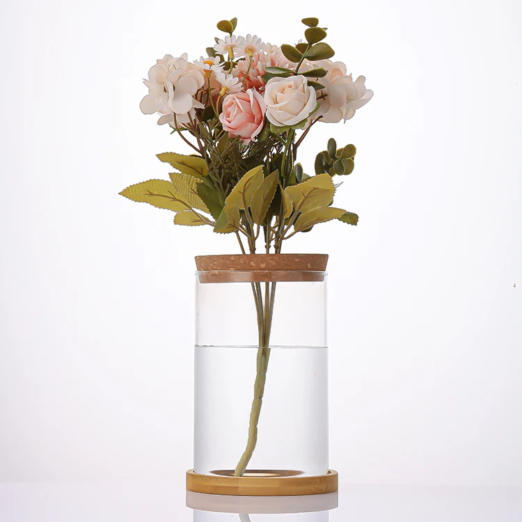 Custom 500ml Glass Terrarium Vase Propagation Vase Containers with Cork Wooden Saucer for Hydroponic Plants Tabletop Decoration