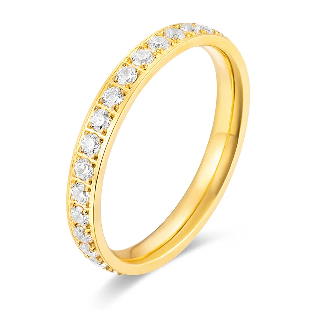 Минималистский меловальным пигментом 18K позолота нержавеющая сталь микро проложить CZ кольцо с бриллиантом круглый Вечность Обручальное водонепроницаемый ювелирные изделия