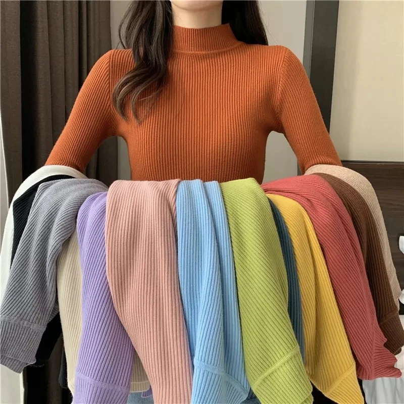 YiXin Sweater For Women 2022 Plain Color Long Sleeve Half Turtle Neck Fall Sweater For Women Knit Wweater Women