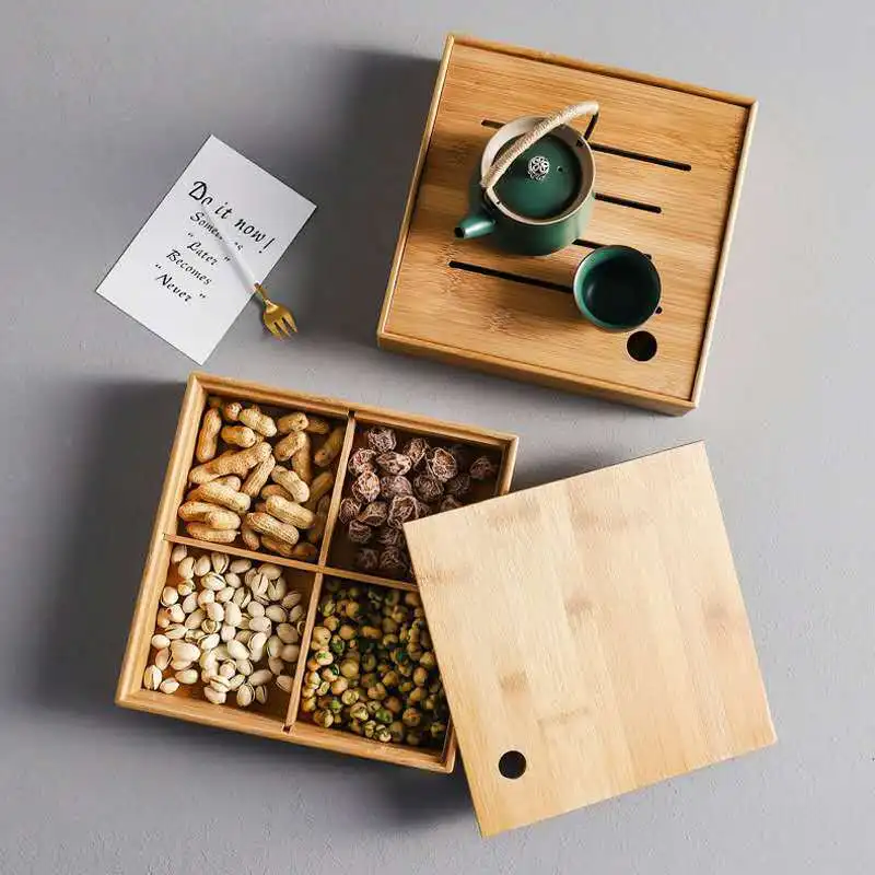 Japanese Style Bamboo Fruits Basket Serving Tray With Compartments Use As Snack Tray With Divider  Box