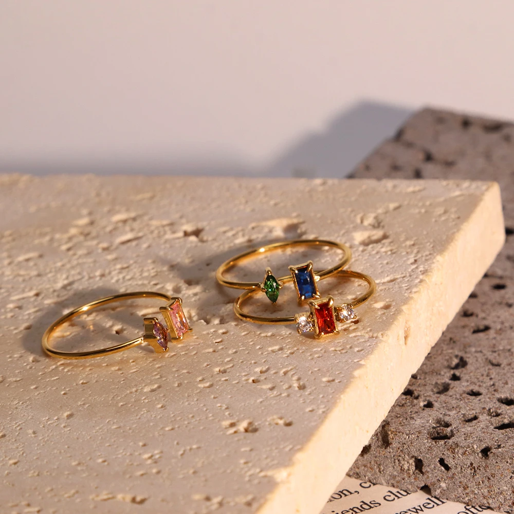 Chris April 316L stainless steel garnet zirconia signet thin spring gold ring