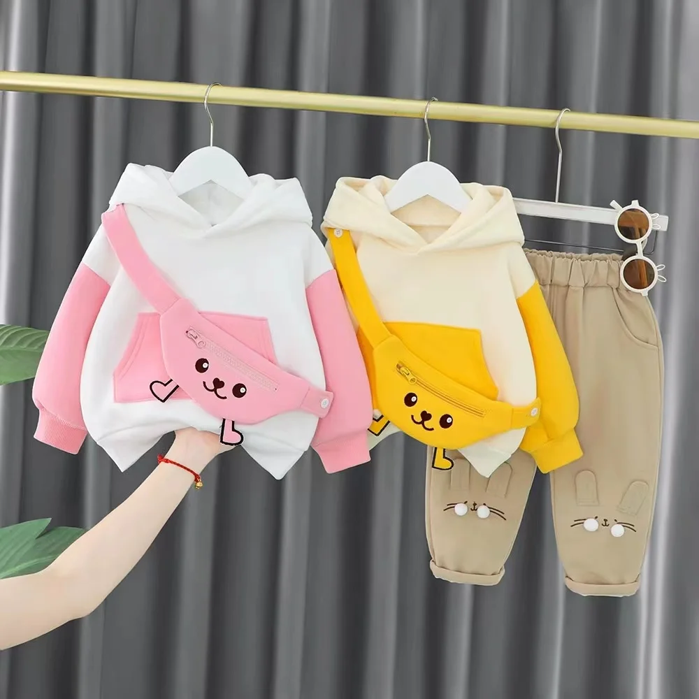 Wholesale 2pcs + waist bag korean style thick girls and boys outwear cartoon kids clothes suit clothing kids