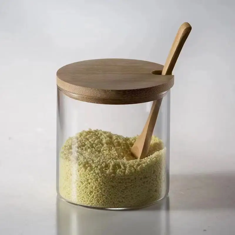 Eco friendly glass jar with bamboo spoon for flavoring glass jar with spoon glass jar with bamboo lid and spoon