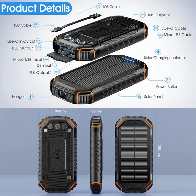 Waterproof Foldable Solar Power Bank Phone Usb Mobile Charger  With Flashlight Solar Panel For Mobile  2022 New