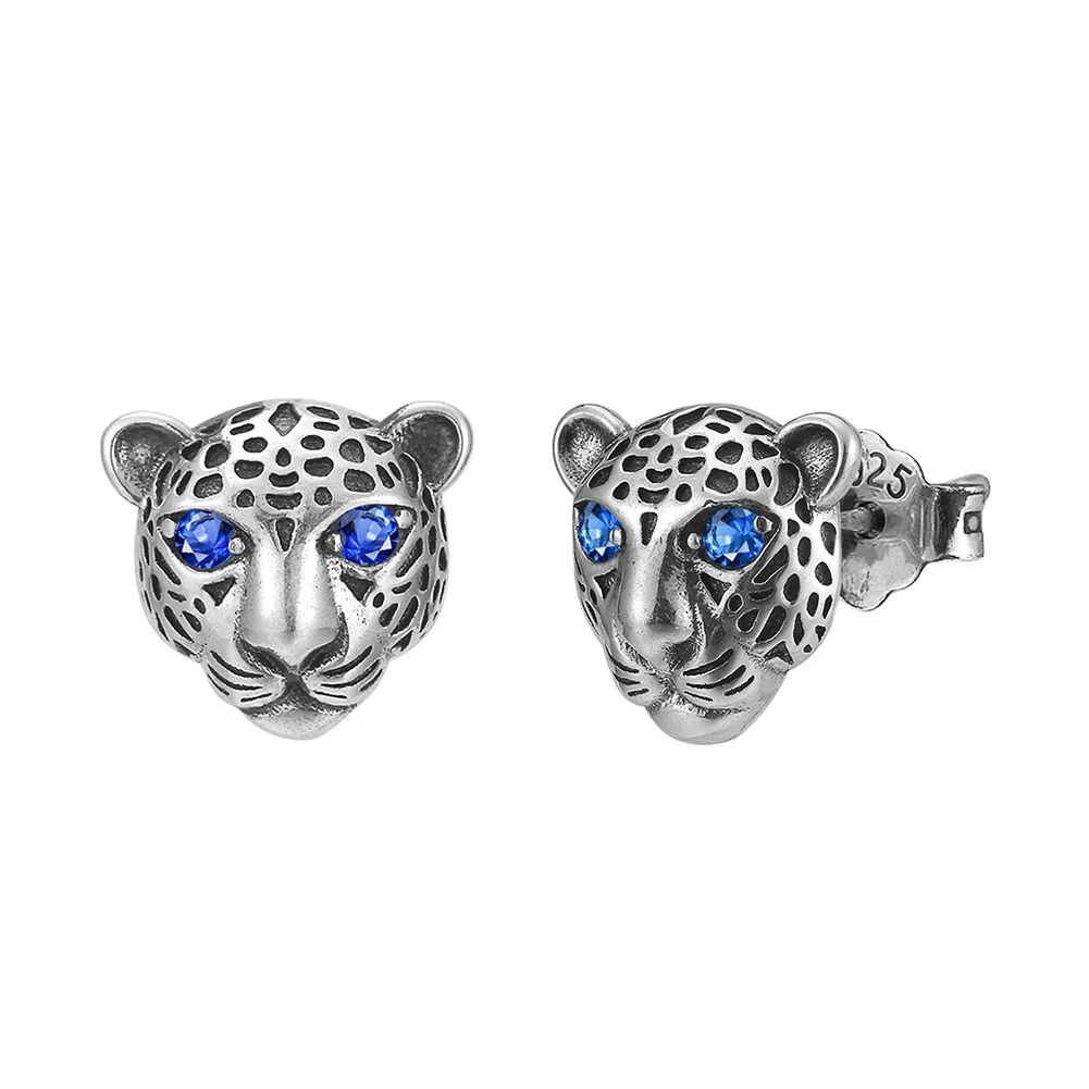 SE406 Black Panther Unique Exquisite Oxidized Silver Dark Blue Cubic Zirconia 925 Sterling Silver Stud Earrings