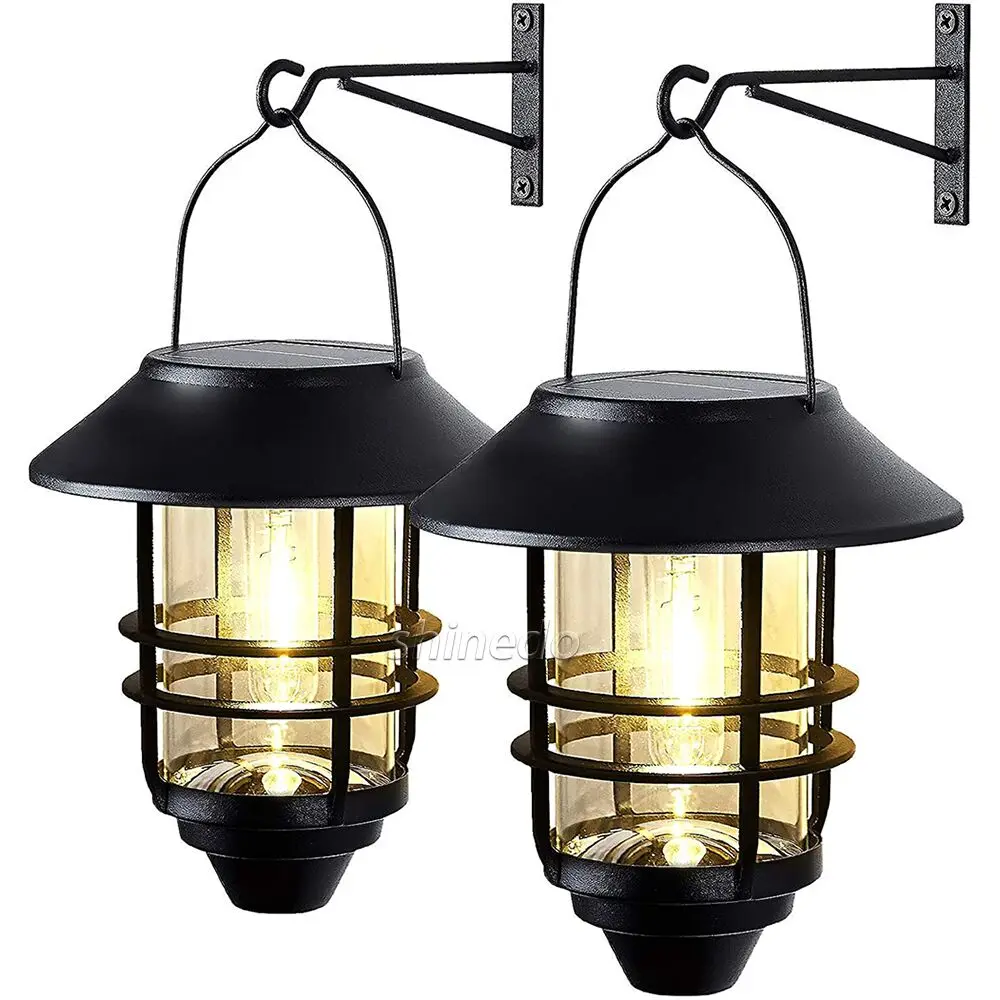 Solar Outdoor Lights Hanging Metal Waterproof Clear Glass & Hook Solar Tungsten Lmp Lantern Light