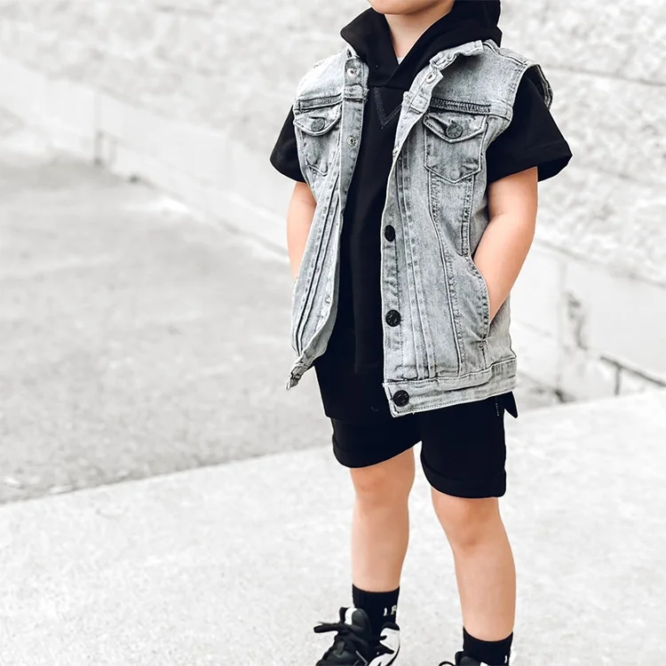 Custom Design Denim Vest For Kids Baby Boy Grey Denim Clothing Casual Boys Jacket