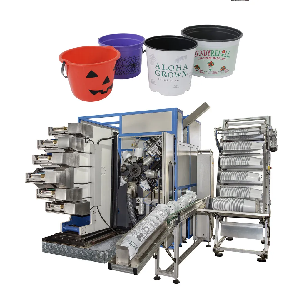 Automatic offset screen printing machine on plastic bucket pail flower pot