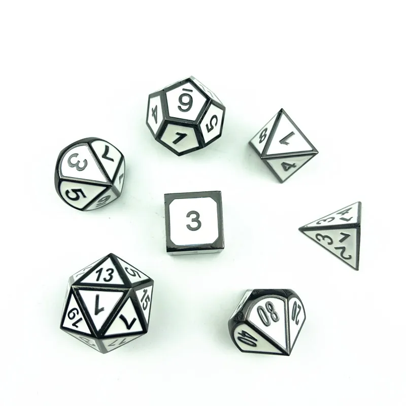 2024 new style alloy polyhedron dice set custom black and white metal dice tabletop role playing game