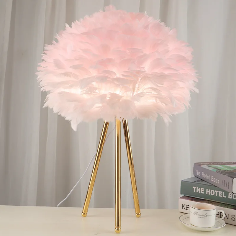 Table lamp Tripod Nightstand Lamp with Gold Finish, Feather Beside Table lamp for Bedrooms/Living Room/Dining Room/Kitchen