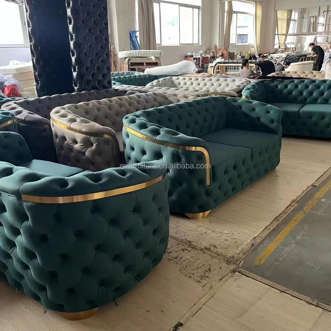 Luxury Living Room Stainless Steel Lounge Sofa 2-3 Seater Velvet Upholster Couch For Home Hotel