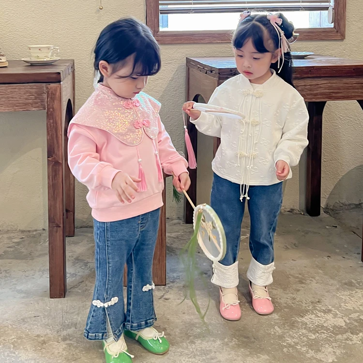 Chinese Style Girls Clothing Sets Excellent Embroidery Kids T Shirts Clothes for Children Jeans for Girl