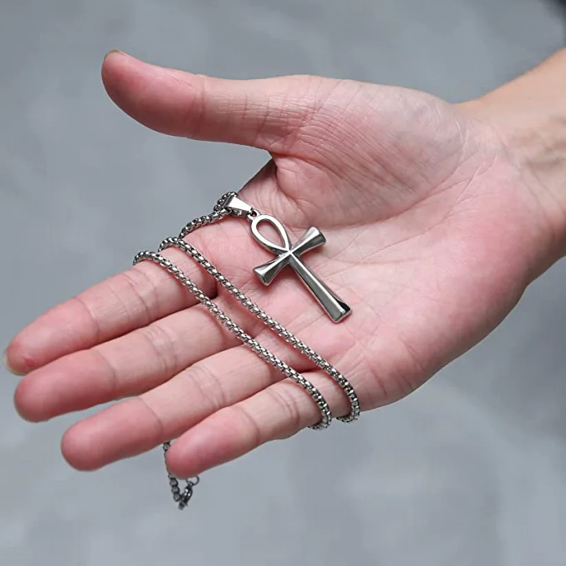 Luxury Religious Ankh Cross Pendant Necklace Fashion Womens Egyptian Mens Jewelry Stainless Steel Amulet Pendant Chain Gift