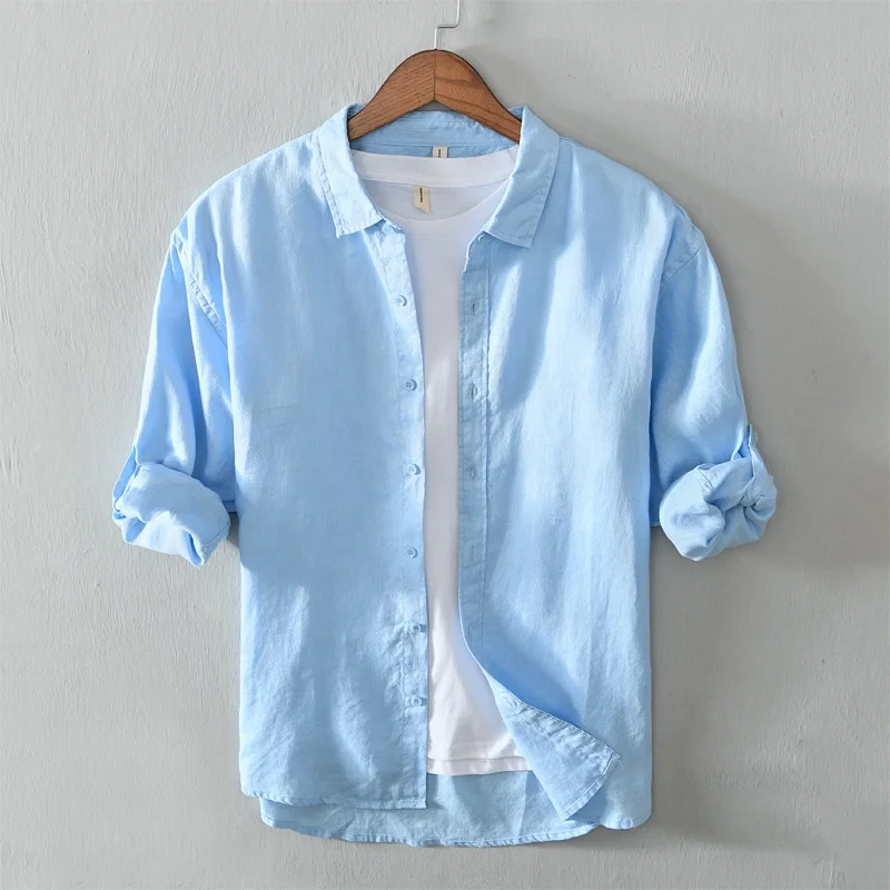 Оптовая продажа, оптовая продажа, экологически чистые мужские повседневные льняные рубашки 100% для мальчиков с длинным рукавом, с пуговицами, органические, белые, розовые