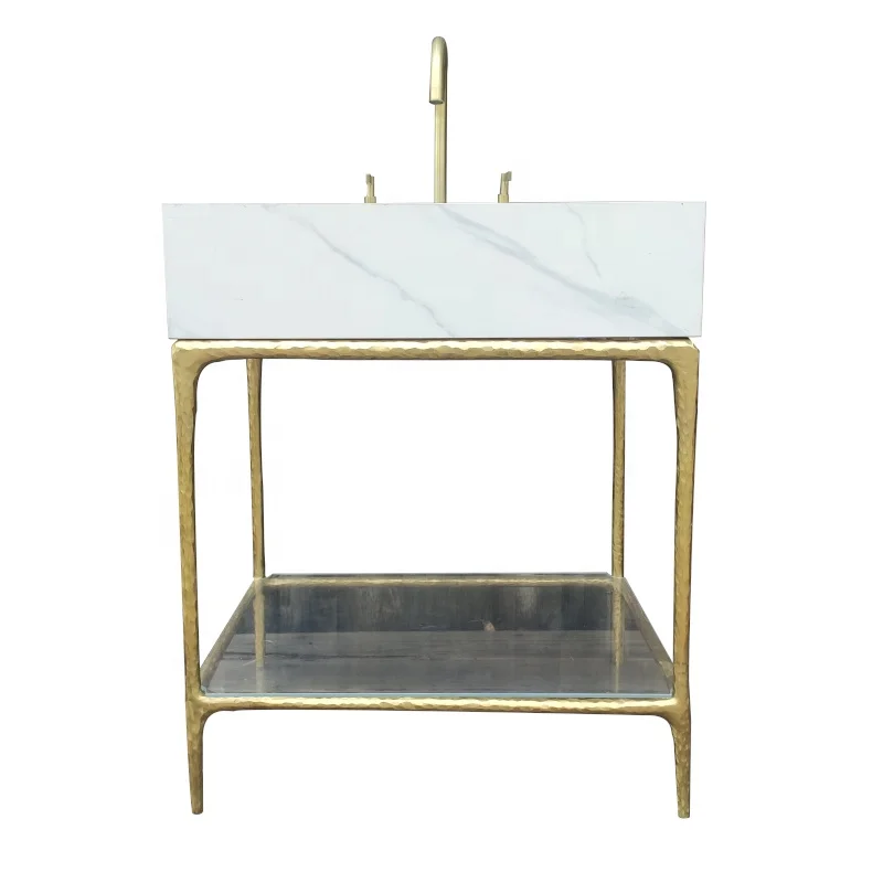 hand hammered brass bathroom cabinets frame marble stone bathroom console sink and vanity set