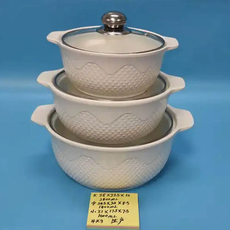 2024 In Stock Porcelain Tableware White Cheap Casserole Pot Embossed Ceramic Soup Pot Sets with Glass Lid
